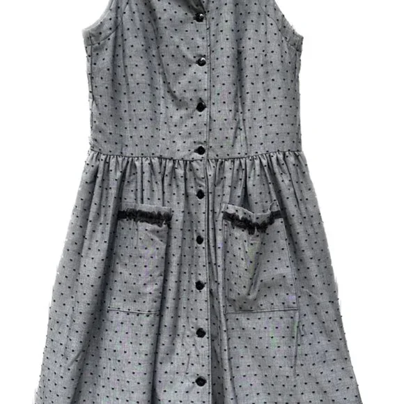 Vintage Dotted Dress with pockets & black pleated trim ~ Gray & Black - Picture 3 of 11